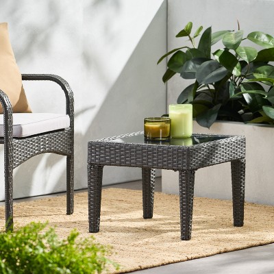 Multibrown Wicker Outdoor Side Table with Glass Top