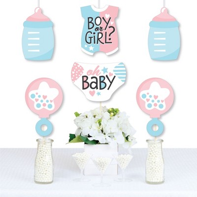 Big Dot of Happiness Baby Gender Reveal - Baby Bodysuit, Bottle, Rattle, and Diaper Decorations DIY Team Boy or Girl Party Essentials - Set of 20