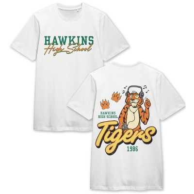 Stranger Things Hawkins Tigers Crew Neck Short Sleeve White Men’s T-shirt-XL