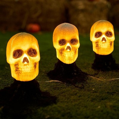 Joyfy 3 Pcs Skeleton Lightup Skull Stakes for Halloween Outdoor Decorations, Pathway Makers for Halloween Party, Lawn Props, Halloween Yard Decor