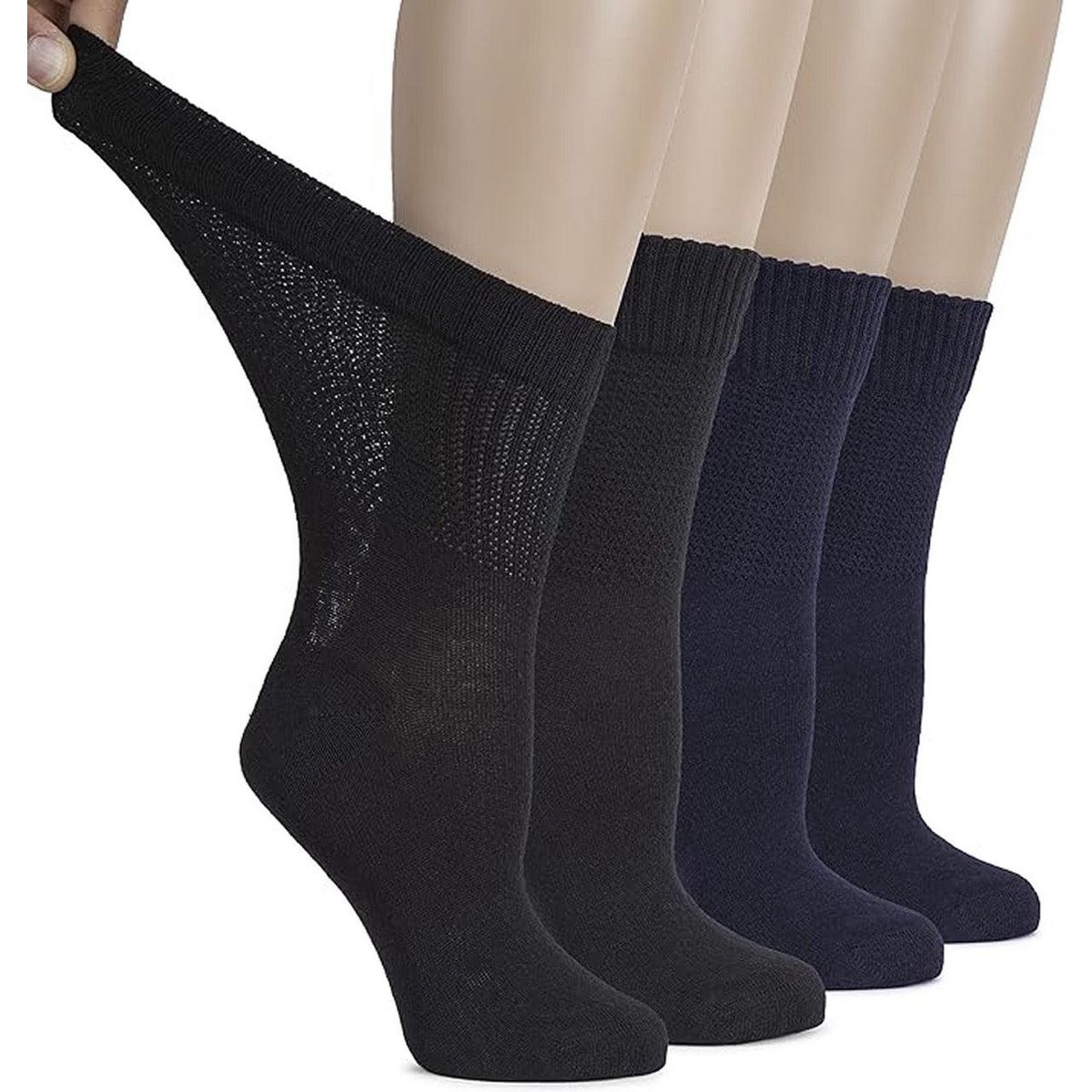 Hugh Ugoli Women's Cotton Diabetic Crew Socks Wide Fit Seamless Toe Non-Binding, 4 Pairs