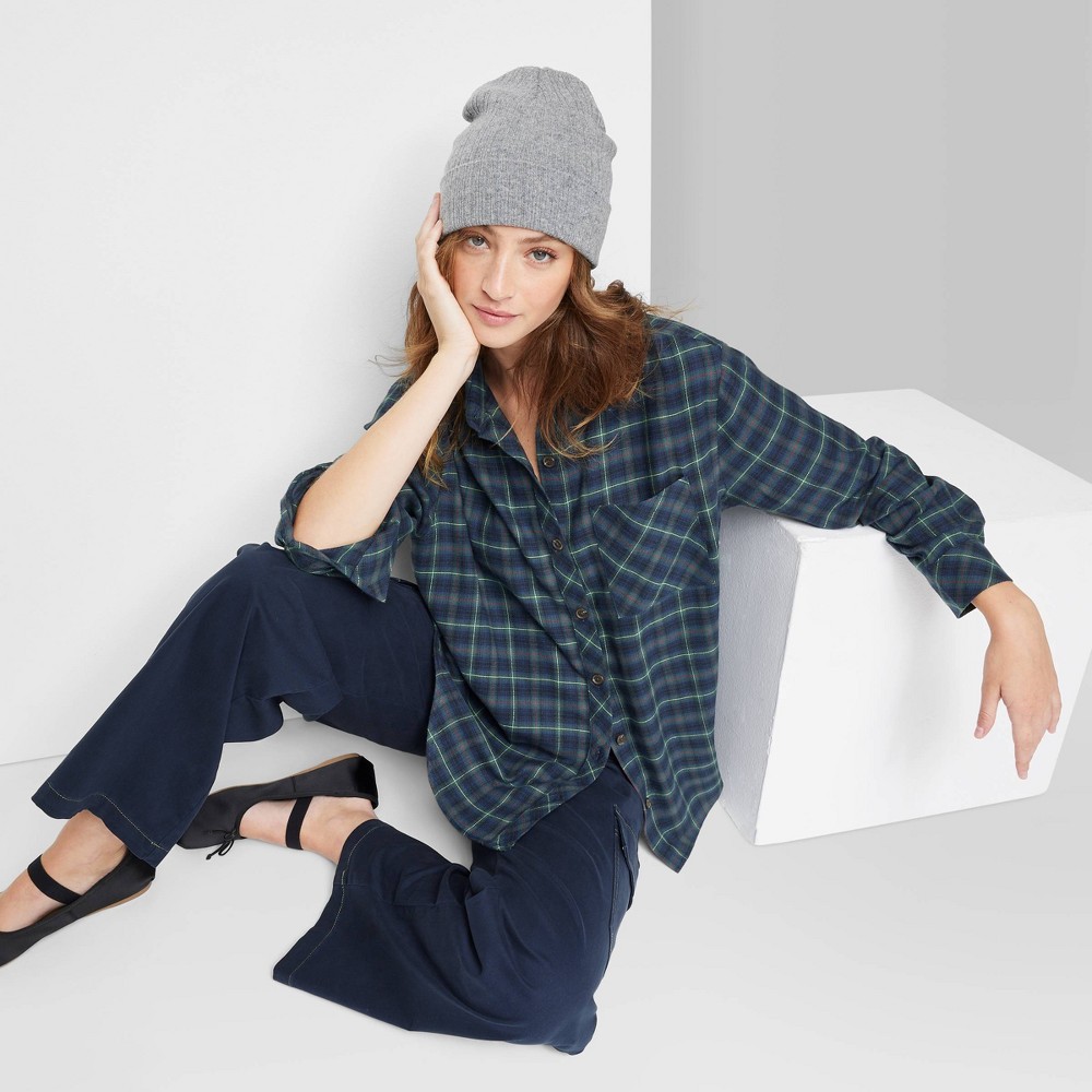 Women's Oversized Button-Down Flannel Shirt - Wild Fable™ Navy Blue Plaid XXS