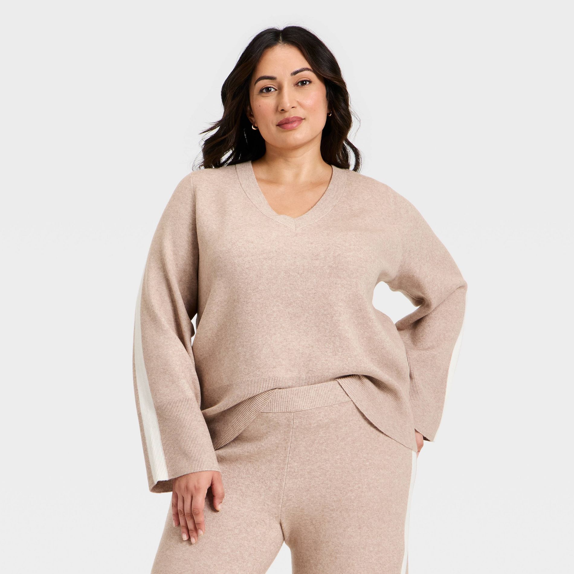 Women's V-Neck Knit Pullover Sweater - Ava & Viv™ Taupe
