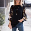 Amaryllis Women's Floral Sheer Sleeve Top Relaxed Fit Crew Neck Flowy Silhouette Elegant Everyday Versatile Pullover - 3 of 4