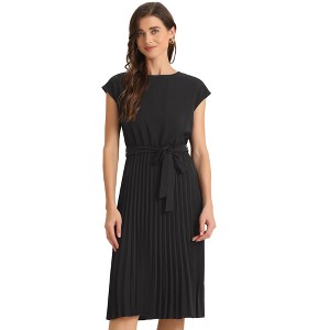 Allegra K Women's Pleated Crew Neck Cap Sleeve Tie Waist A-Line Dresses - 1 of 4
