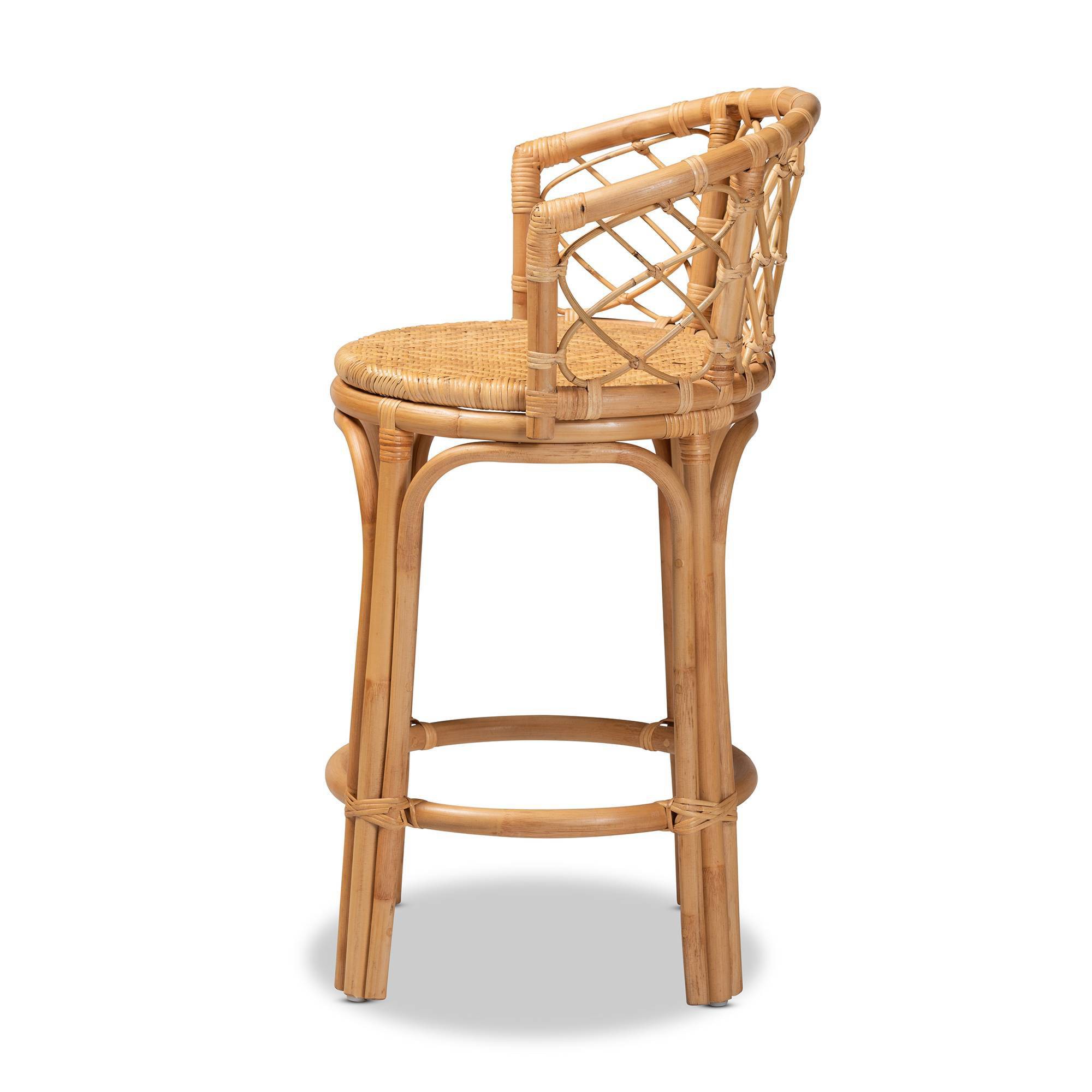 Rattan counter height barstool in natural brown with woven seat and base.
