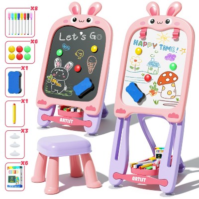Skirfy 4-in-1 Kids Table and Chairs Set, Adjustable Easel Toy, Magnetic Drawing Board with Flip-Up Sides and Storage,