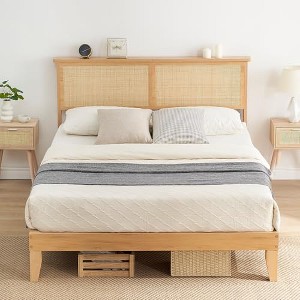 GustoWave Rattan Bed Frame Queen, Boho Bedframe with Natural Rattan Headboard,Wooden Support Legs and Slats, Noise-Free, No Box Spring Needed - 1 of 4