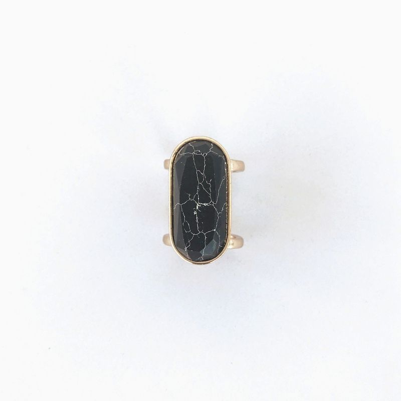 Sanctuary Project Semi Precious Black Howlite Oval Statment Ring Gold, 1 of 4