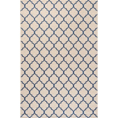 Beige and Navy Synthetic Trellis 4' x 6' Reversible Rug