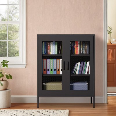 Okak Metal Display Cabinet, Sideboard Cabinet with 3 Shelves, Freestanding Storage Cabinet for Living Room, Hallway and Office, Black