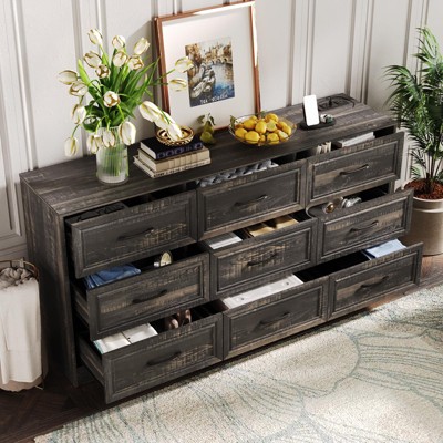 9 Drawer Wide Dresser Organizer with Charging Station, TV Stand