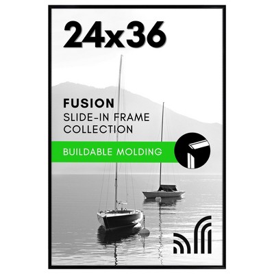 Americanflat 24x36 Poster Frame with Polished Front Cover - Slide-In Photo Frame with Buildable Molding - Fusion Collection - Black