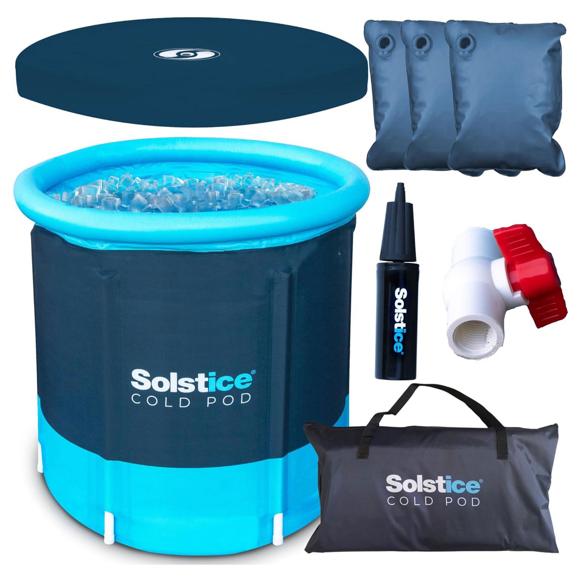 Solstice Cold Pod Indoor Outdoor Plunge Ice Bath Tub, 84.5 Gal Capacity Tank with 3 Reusable Ice Bags, Multi-Layered Insulation and Lid for Athletes