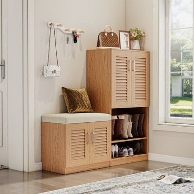 HDZNVF Multi Functional Shoe Storage Cabinet With Bench & 7+3 Storage Compartment, Adjustable Layer Board, Oak