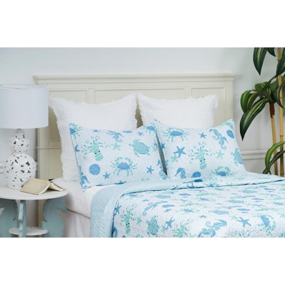 Blue Coastal Reversible Microfiber Full Quilt Set