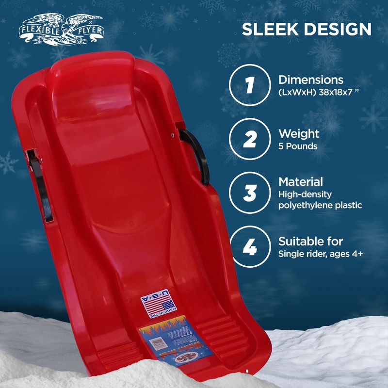 Flexible Flyer Winter Heat Plastic Snow Sled, 1 Person Winter Toy Toboggan with Steering and Brakes for Kids and Adults, Ages 4 and Up, Red, 3 of 7