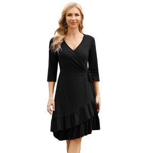 Women's Wrap Dress 3/4 Sleeve Midi Dresses for Women Sexy V Neck Ruffle Party A-Line Floral Flowy with Belt - 1 of 4