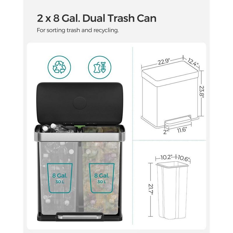 SONGMICS Kitchen Trash Can, 16 Gallon (2 x 8 Gallon) Dual Compartment Garbage Can, 60L Pedal Recycling Bin, Stainless Steel, 15 Trash Bags Included, 2 of 7