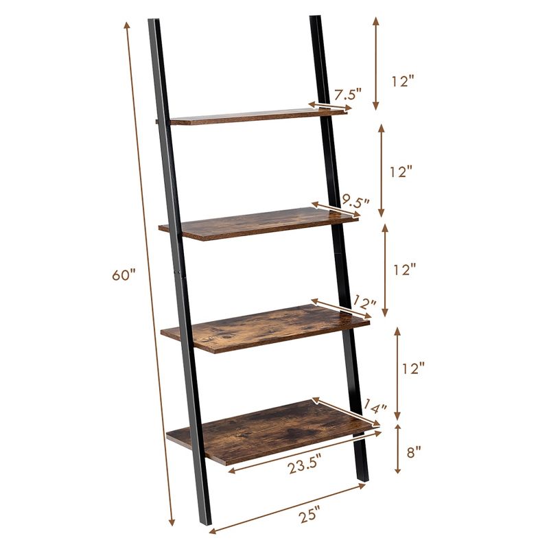 Costway Industrial Ladder Shelf 4-Tier Leaning Wall Bookcase Plant Stand Rustic Black/Brown, 3 of 11