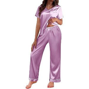 Ekouaer Satin Pajamas for Women Short Sleeve Silk Pajama Sets Soft Sleepwear Top with Causal Long Pj Pant - 1 of 4