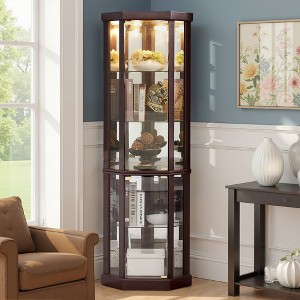 Wooakway 70"H Light Oak Corner Curio Cabinet with Lights and Glass Shelves for Display and Storage - 1 of 4