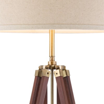 Adjustable Cherry Wood Tripod Floor Lamp with Beige Linen Shade