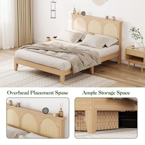 Solid Wood Bed with Natural Rattan Headboard & LED Lights, No Box Spring Needed, Storage Underneath, Sturdy Noise-Free Bed Frame, Easy Assembly - 1 of 4
