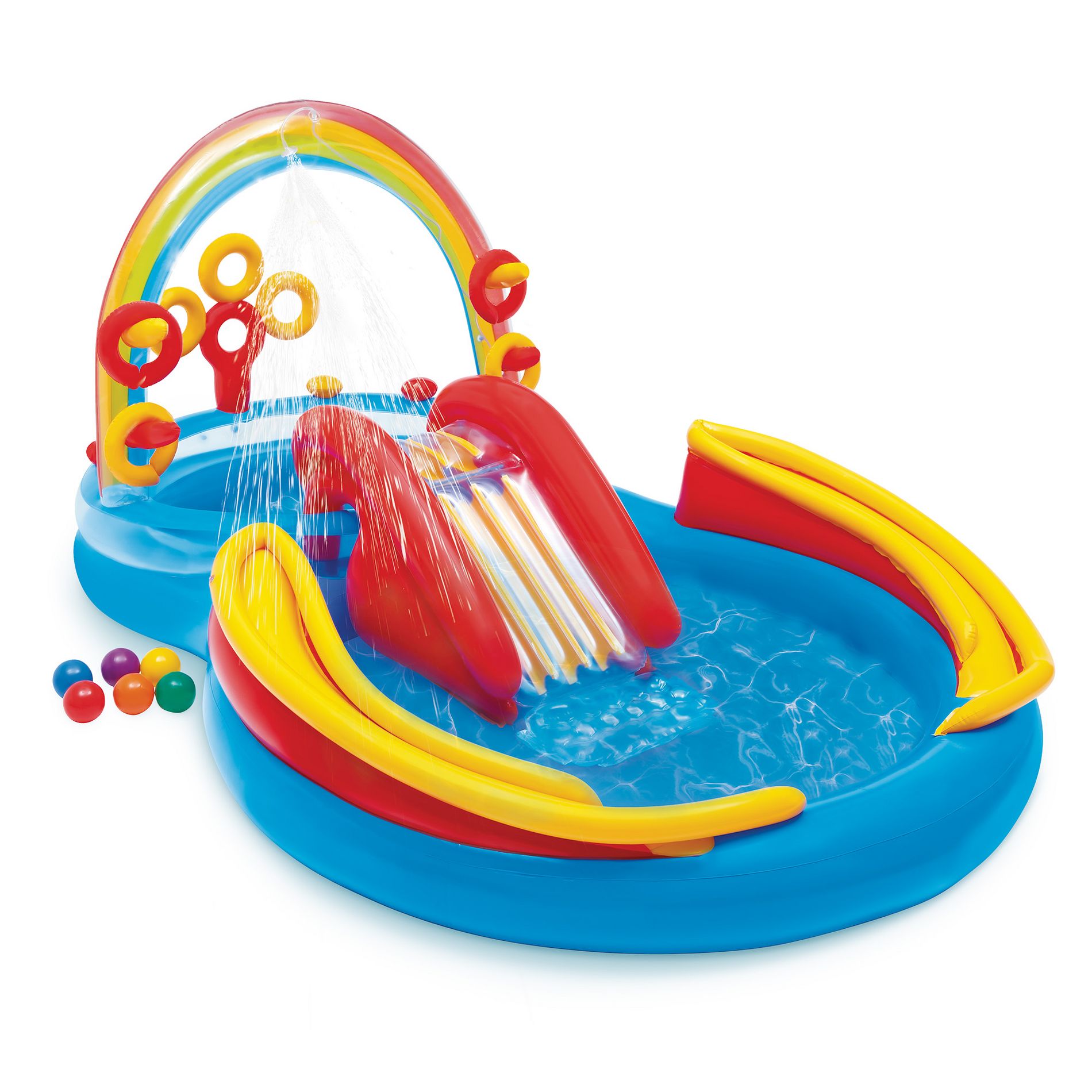 Intex 57453EP 9.75' x 6.3' x 53" Kids Rainbow  Inflatable Pool with Water Slide and Ring Toss Multicolored