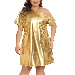 Women's Plus Size Off the Shoulder Metallic Glitter Party Clubwear Holographic Disco Midi T-Shirt Dresses - Agnes Orinda - 1 of 4