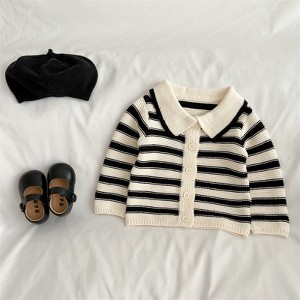 MyKids-Usa Baby Striped Pattern Lapel Knitted Cardigan With Pants Sets - 1 of 4