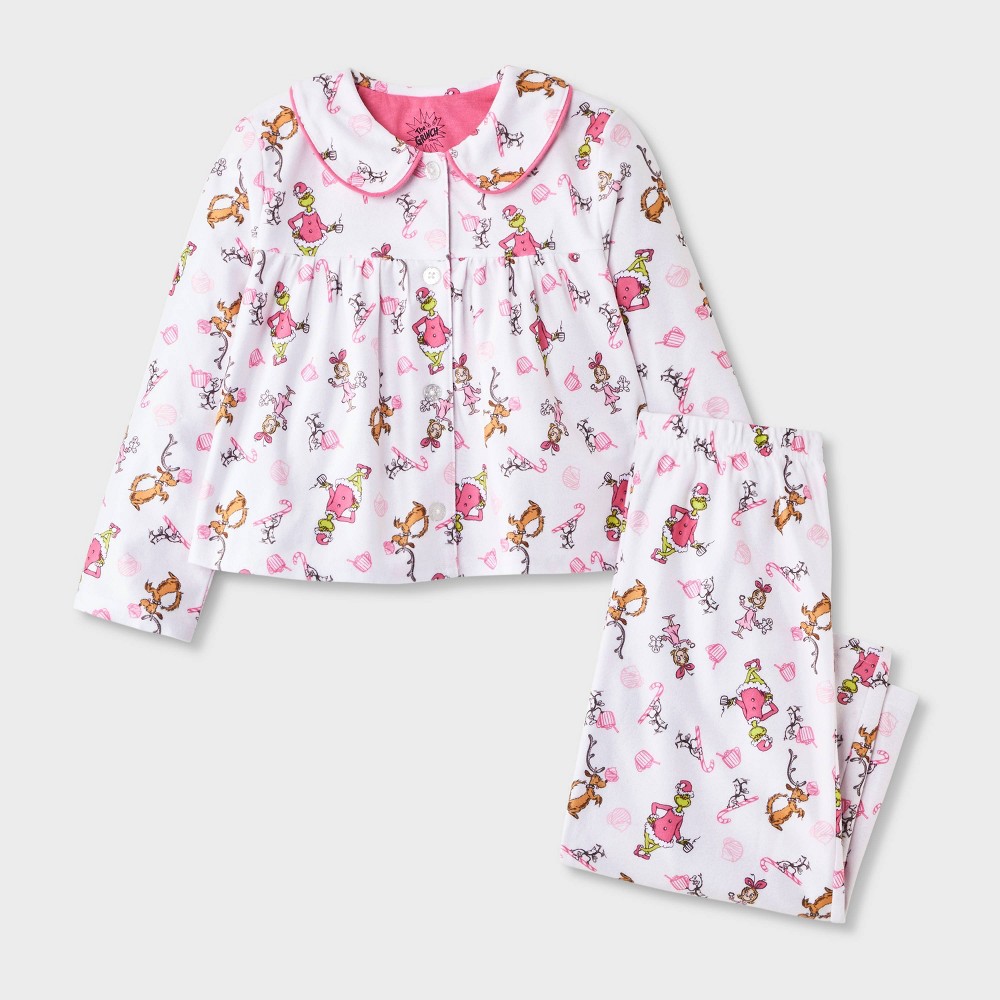 Toddler Girls' Holiday 2pc Grinch Babydoll Button-Down Pajama Set - Cream/Pink 5T