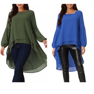 INSPIRE CHIC Women's Lantern Long Sleeve Round Neck High Low Irregular Hem Casual Blouse 2 Packs - 1 of 4