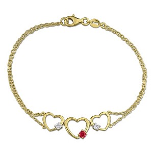 EVERLY JEWELRY | Yellow Plated Sterling Silver 1/6 CT TGW Created Ruby and 1/7 CT TW Lab-Grown Diamond Triple Heart Bracelet, 7.25 inch - 1 of 4