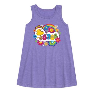 - Peanuts - Peace Floral & Colorful Woodstock Graphic Sleeveless Aline Dress - 1 of 4