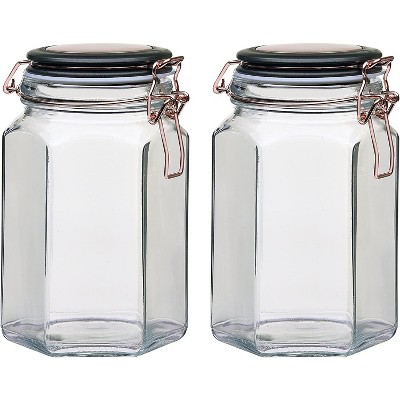 Amici Home Adler Hermetic Preserving Glass Canister, Hexagonal Faceted Body, Black and Copper Lid/Clippers, Food Safe, 2-Piece