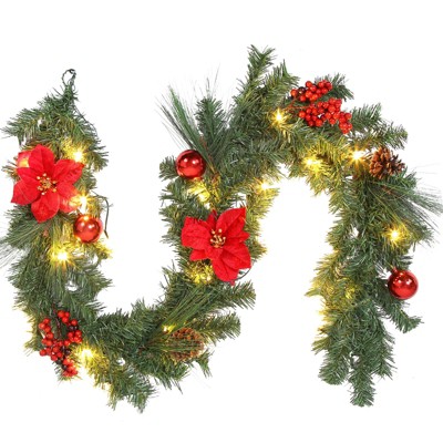 6ft Christmas Garland - Battery Operated Poinsettia with 20 LED Lights & Ball Ornaments, 8 Modes, Prelit for Mantle, Stair Railing