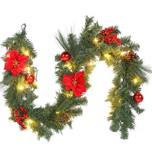 6ft Christmas Garland - Battery Operated Poinsettia with 20 LED Lights & Ball Ornaments, 8 Modes, Prelit for Mantle, Stair Railing - 1 of 4