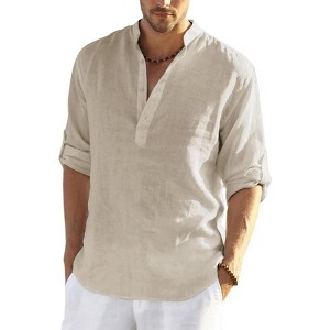 COOFANDY Men's Cotton Linen Henley T-Shirts Long Sleeve Hippie Casual Beach T-Shirts - 1 of 4