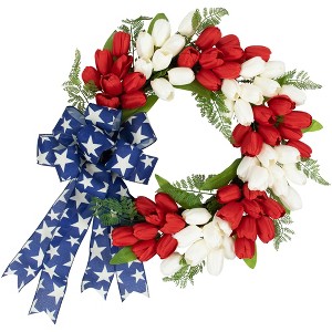 Northlight Tulip Patriotic Wreath with Star Bow - 24" - 1 of 4