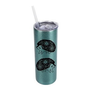 Elanze Designs Floral Hedgehog Couple 20 Ounce Double-Walled Stainless Steel Insulated Slim Travel Tumbler with Lid and Straw, Turquoise Blue - 1 of 4