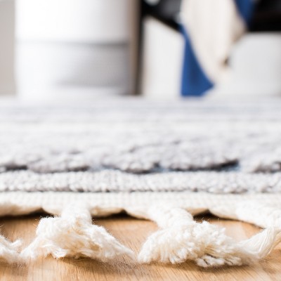 Ivory and Blue Moroccan Boho Tribal Tassel Area Rug