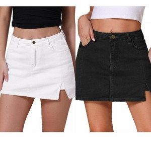 INSPIRE CHIC Women's Jean Side Slit High Waisted A-Line Stretch Mini Denim Skirts 2 Packs - 1 of 4