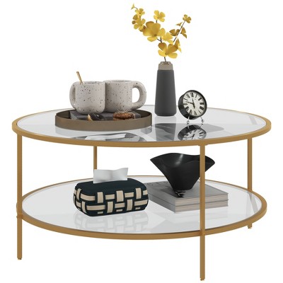 HOMCOM Side Table with Storage, 2-Tier Round End Table with Tempered Glass Top and Steel Frame for Living Room