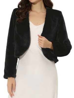 INSPIRE CHIC Women's Long Sleeve Open Front Cropped Winter Faux Fur Jacket