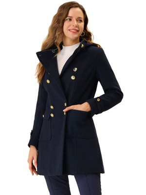 Allegra K Women's Stand Collar Double Breasted Hoodie Outerwear Winter Coat