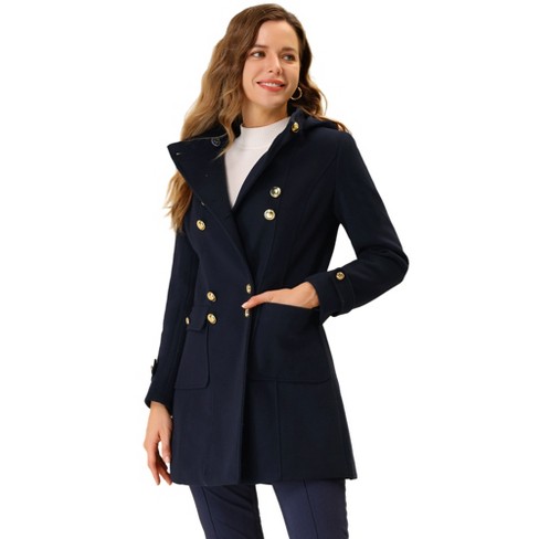 Allegra K Women's Stand Collar Double Breasted Hoodie Outerwear Winter Coat  Navy Blue X-Small