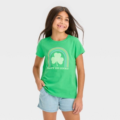 Girls' St. Patrick's Day Short Sleeve 'Happy Go Lucky' Graphic T-Shirt - Cat & Jack™ Green S