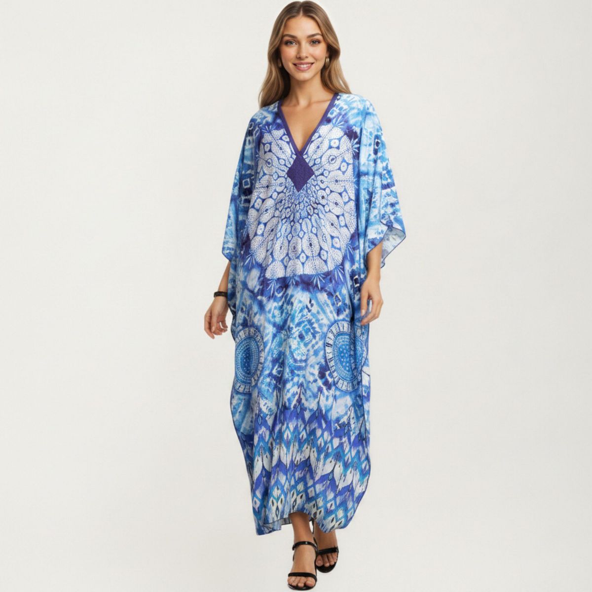 Anna-Kaci Women's Tie Dye Medallion Kaftan Maxi Dress with V-Neckline and Relaxed Flowy Silhouette
