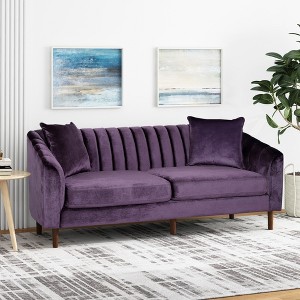 Contemporary 3-Seater Velvet Sofa with Button-Tufted Diamond Stitch, Deep Channel Stitching, Sloped Arms & Accent Pillows - 1 of 4